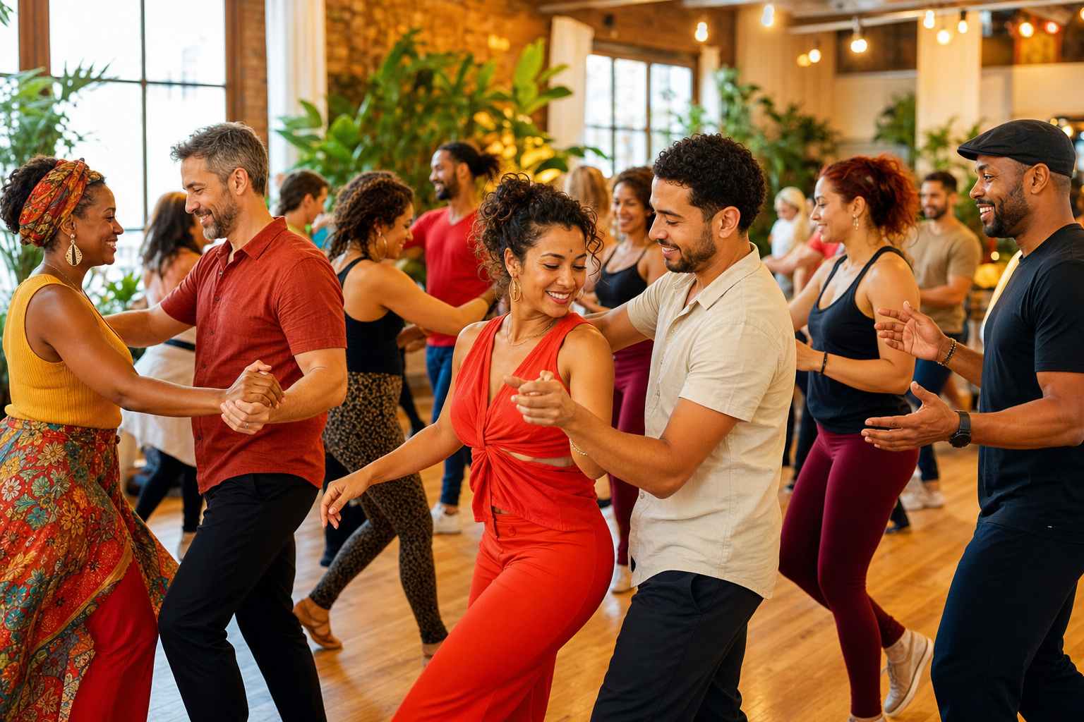 Inclusive group connecting through salsa-led movement and music