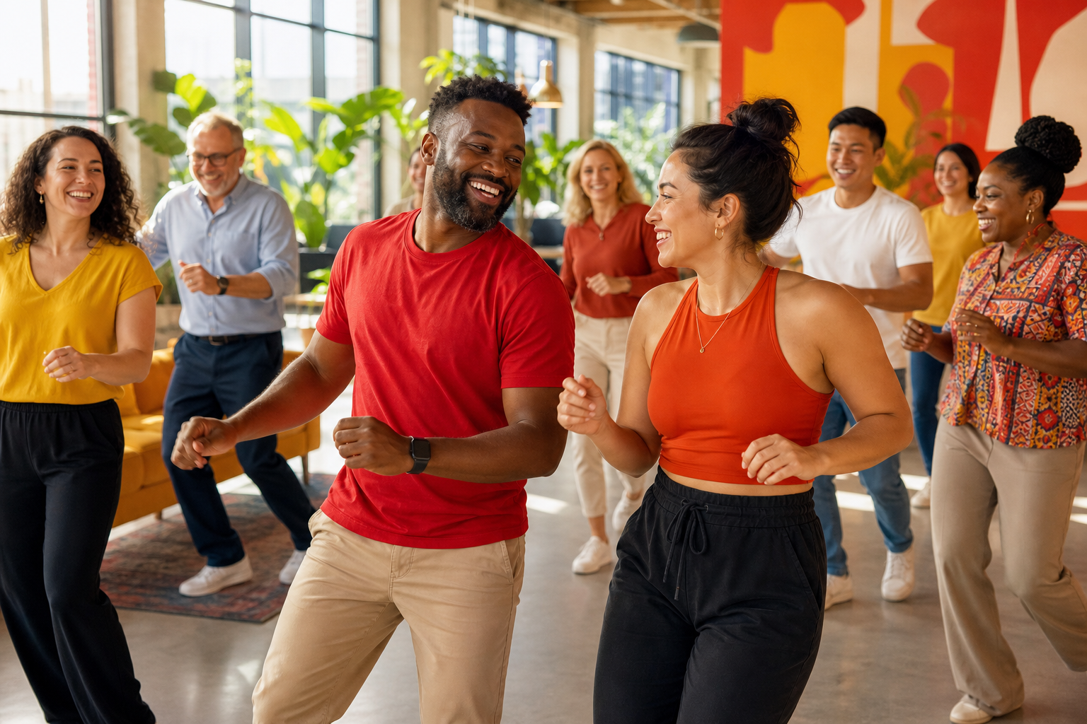 Workplace wellbeing group taking part in relaxed salsa-led movement